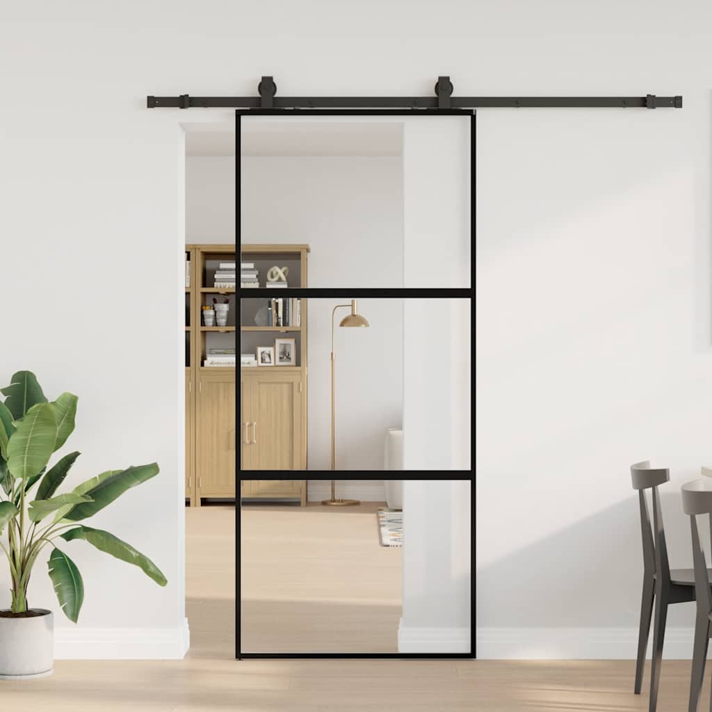 Posuvné Dveře Se Sadou Kování Černé 76X205 Cm Tvrzené Sklo Černá A Matná