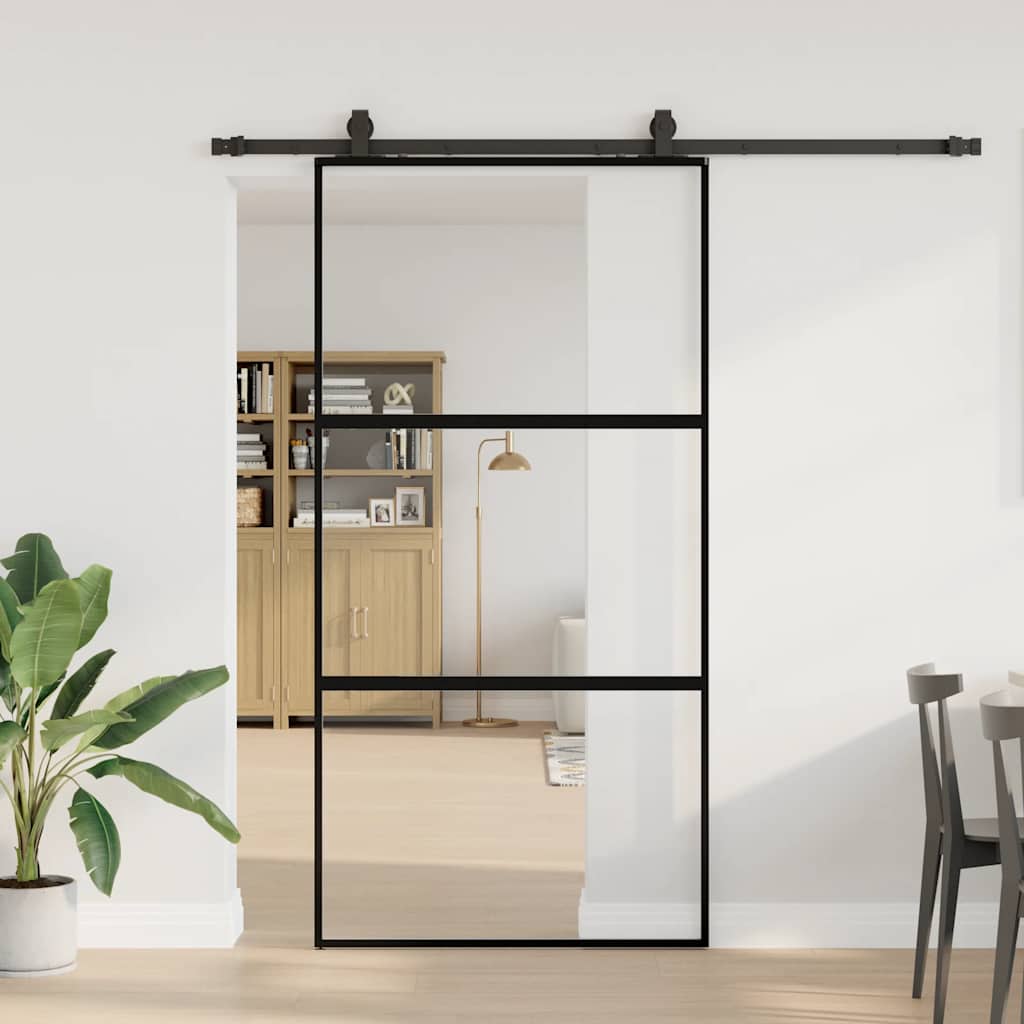 Posuvné Dveře Se Sadou Kování Černé 76X205 Cm Tvrzené Sklo Černá A Matná