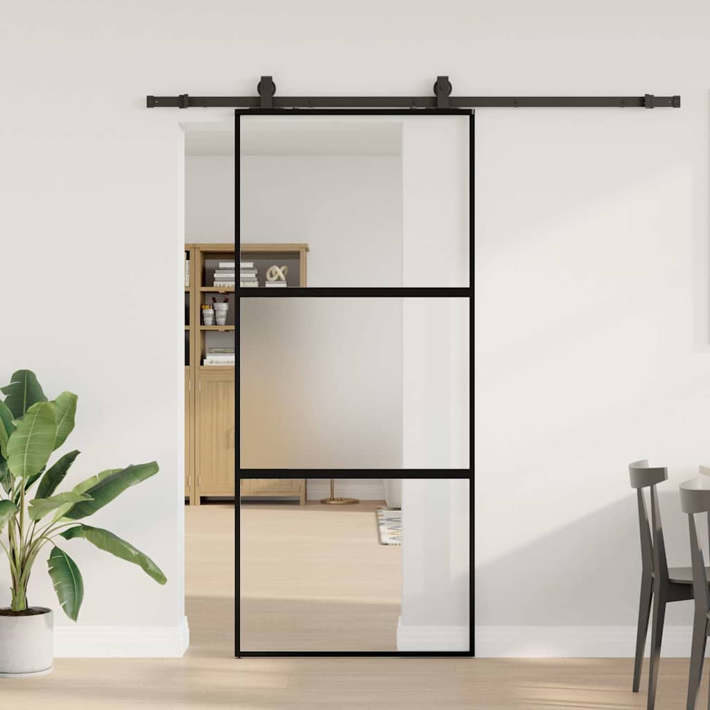 Posuvné Dveře Se Sadou Kování Černé 76X205 Cm Tvrzené Sklo Black, Matt And Transparent
