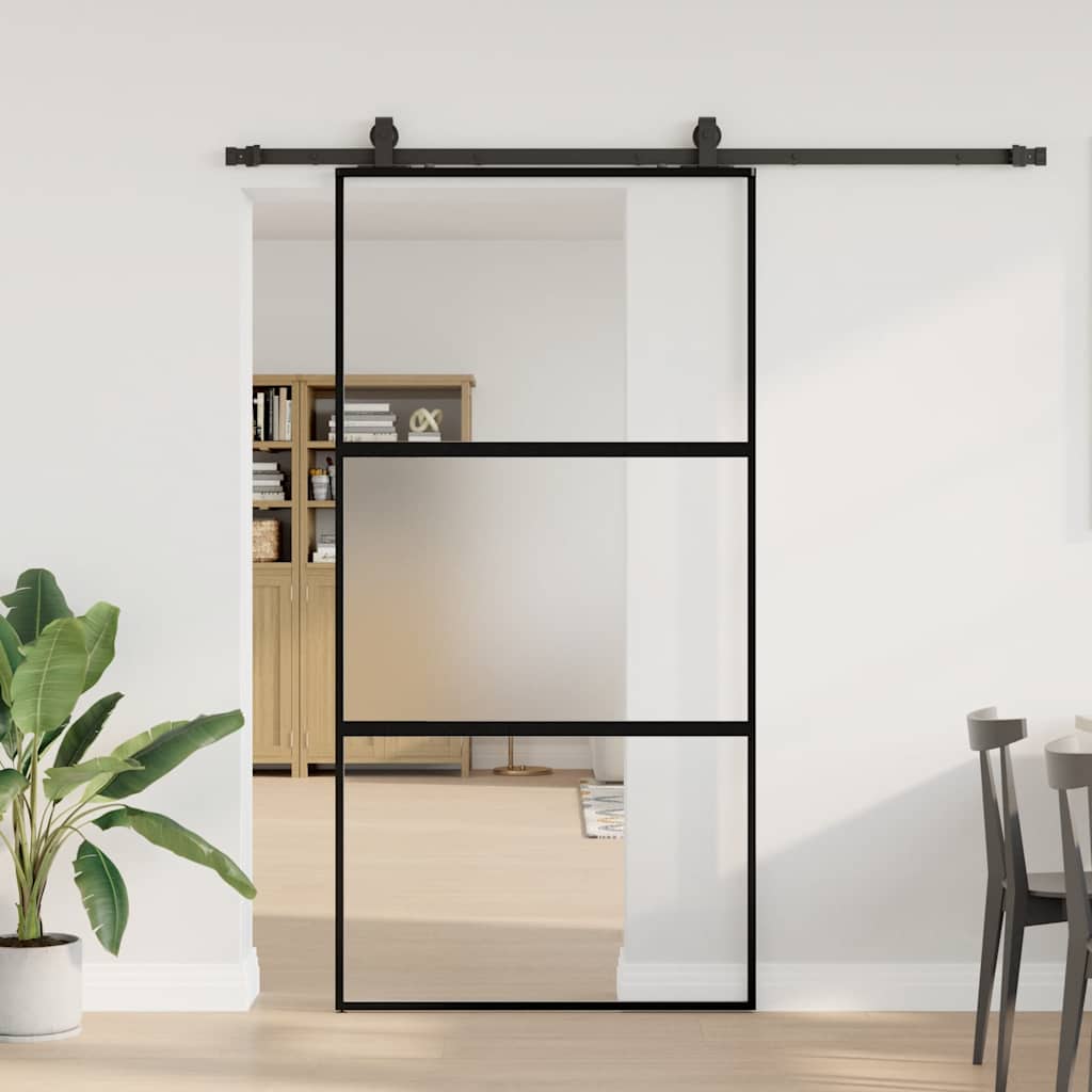 Posuvné Dveře Se Sadou Kování Černé 76X205 Cm Tvrzené Sklo Black, Matt And Transparent