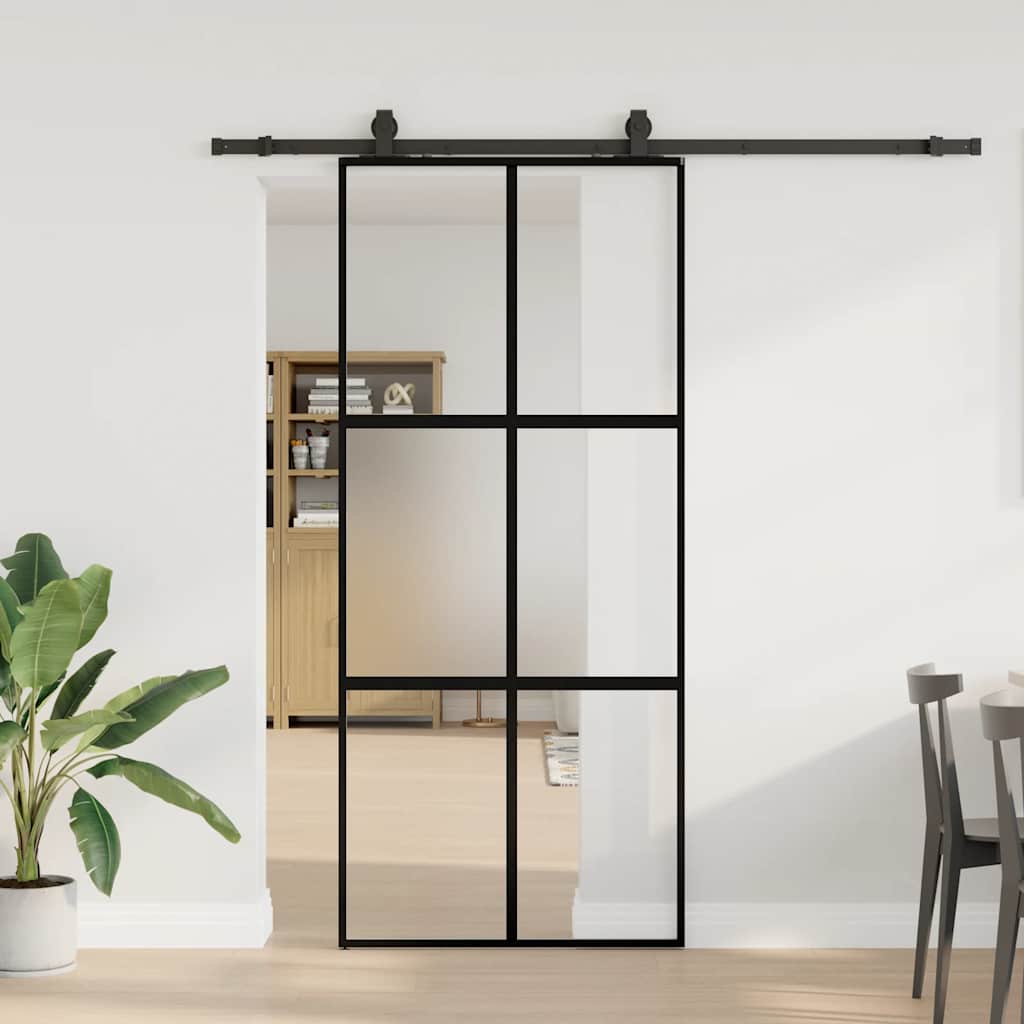 Posuvné Dveře Se Sadou Kování Černé 76X205 Cm Tvrzené Sklo Black, Matt And Transparent