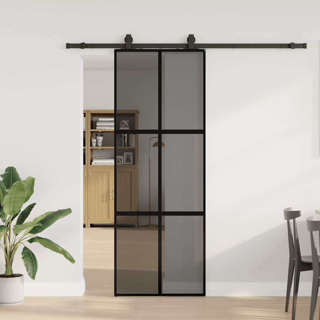 Posuvné Dveře Se Sadou Kování Černé 90X205 Cm Tvrzené Sklo Černá A Tmavě Průhledná
