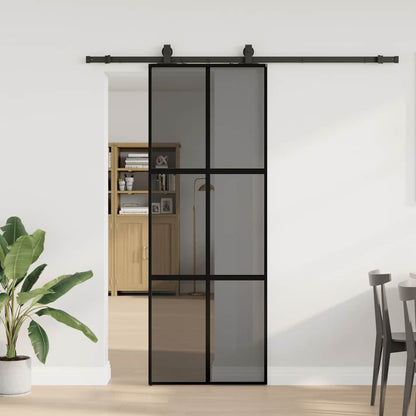 Posuvné Dveře Se Sadou Kování Černé 90X205 Cm Tvrzené Sklo Černá A Tmavě Průhledná