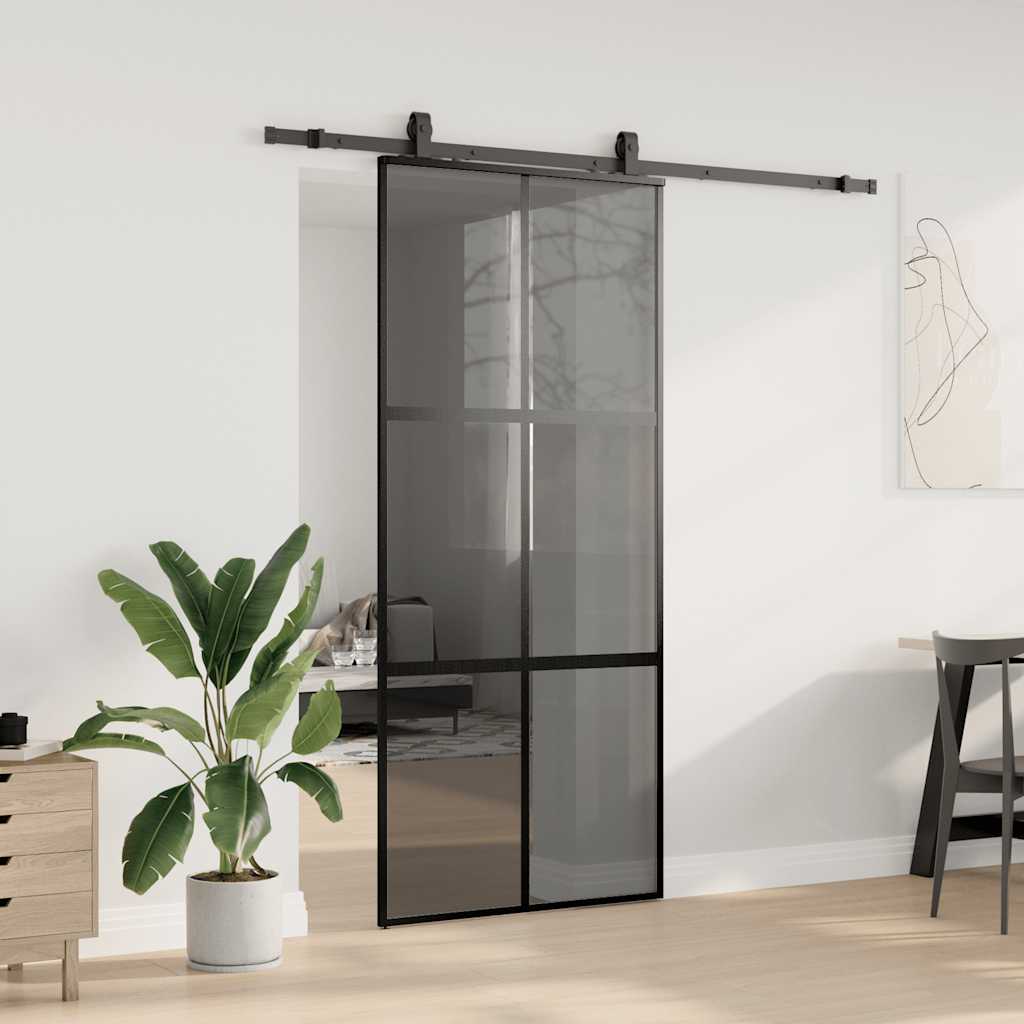 Posuvné Dveře Se Sadou Kování Černé 90X205 Cm Tvrzené Sklo Černá A Tmavě Průhledná