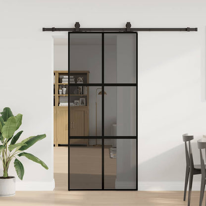Posuvné Dveře Se Sadou Kování Černé 90X205 Cm Tvrzené Sklo Černá A Tmavě Průhledná