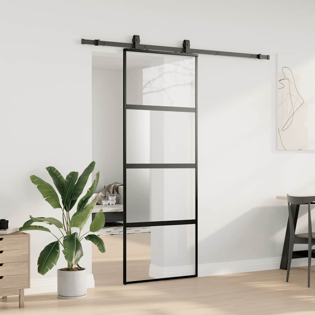 Posuvné Dveře Se Sadou Kování Černé 76X205 Cm Tvrzené Sklo Černá A Matná