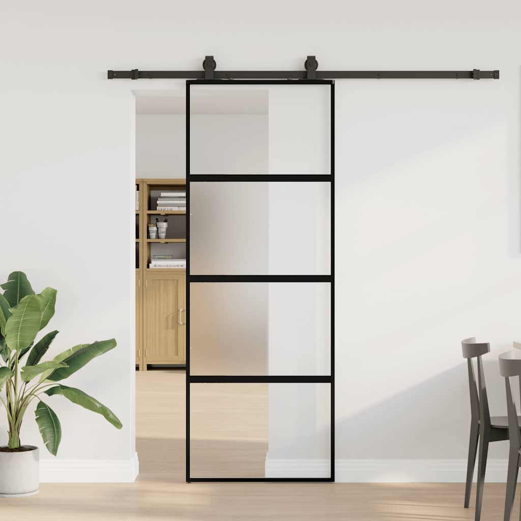 Posuvné Dveře Se Sadou Kování Černé 76X205 Cm Tvrzené Sklo Černá A Matná
