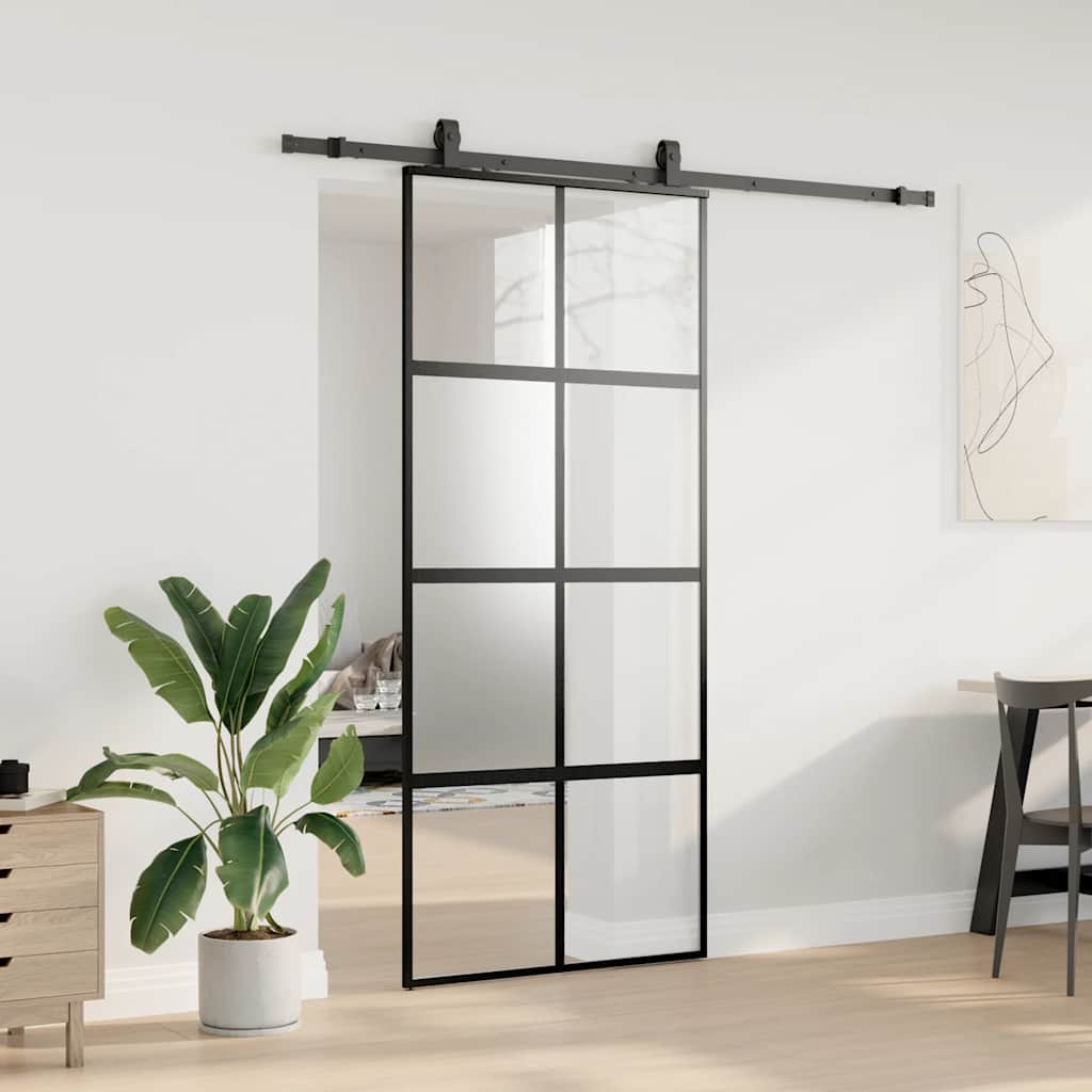 Posuvné Dveře Se Sadou Kování Černé 90X205 Cm Tvrzené Sklo Černá A Matná
