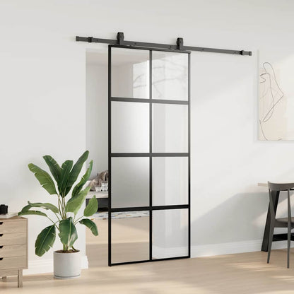 Posuvné Dveře Se Sadou Kování Černé 90X205 Cm Tvrzené Sklo Černá A Matná