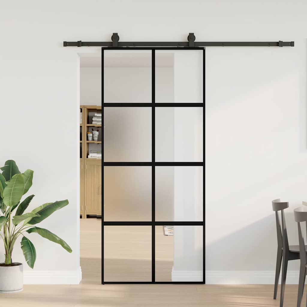 Posuvné Dveře Se Sadou Kování Černé 90X205 Cm Tvrzené Sklo Černá A Matná
