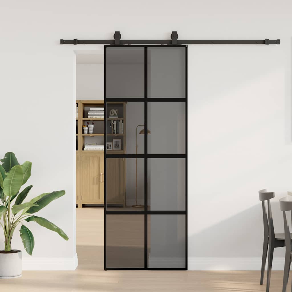 Posuvné Dveře Se Sadou Kování Černé 90X205 Cm Tvrzené Sklo Černá A Matná