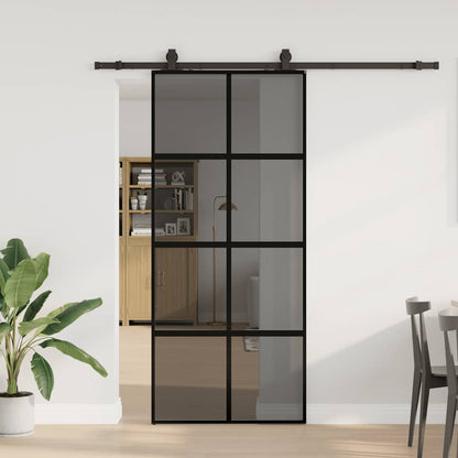 Posuvné Dveře Se Sadou Kování Černé 90X205 Cm Tvrzené Sklo Černá A Matná