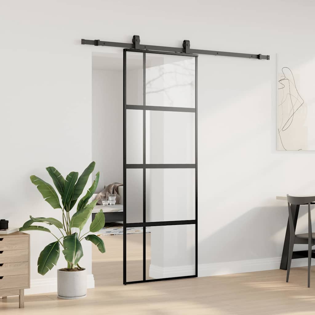 Posuvné Dveře Se Sadou Kování Černé 76X205 Cm Tvrzené Sklo Black, Matt And Transparent