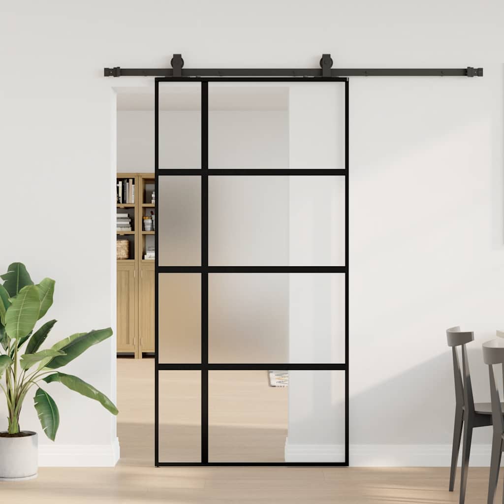 Posuvné Dveře Se Sadou Kování Černé 76X205 Cm Tvrzené Sklo Black, Matt And Transparent