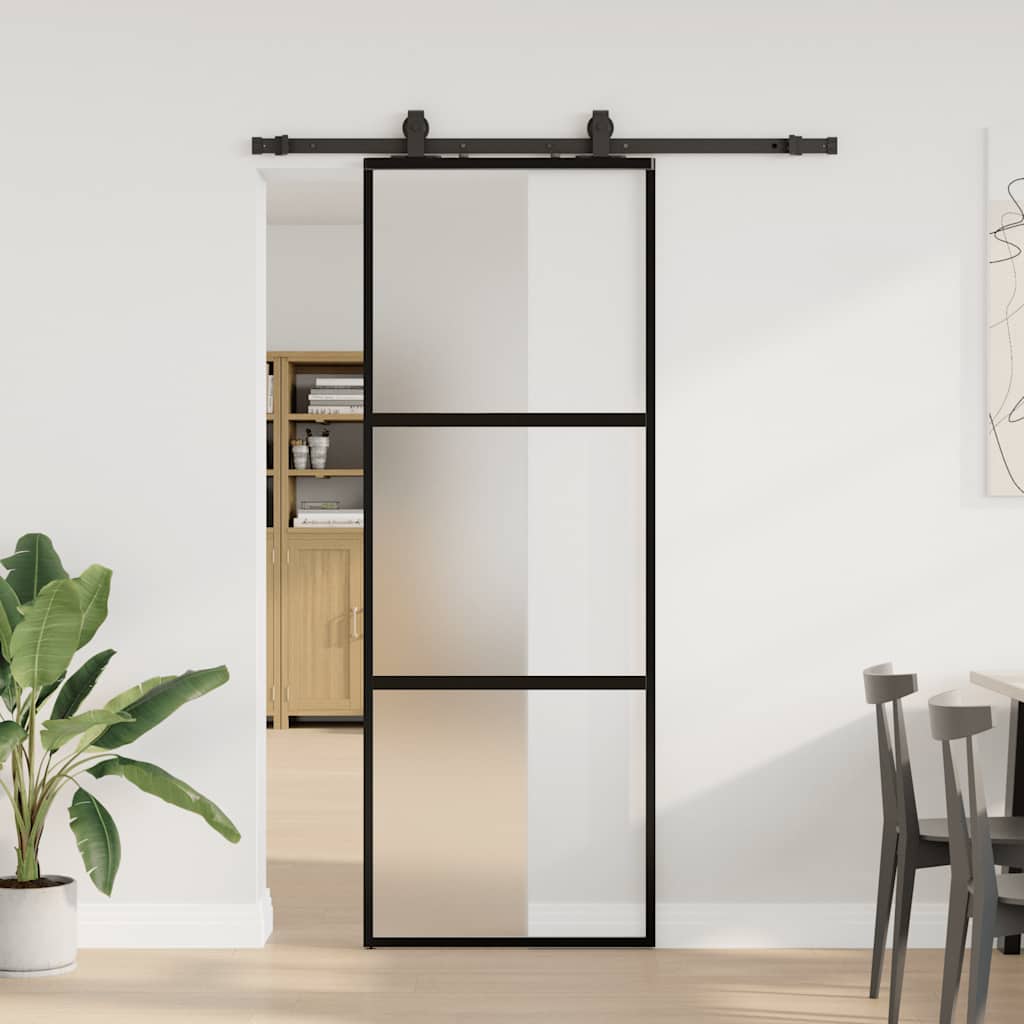 Posuvné Dveře Se Sadou Kování Černé 76X205 Cm Tvrzené Sklo Černá A Matná