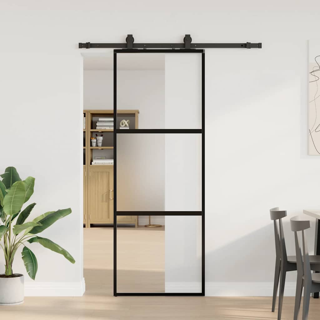 Posuvné Dveře Se Sadou Kování Černé 76X205 Cm Tvrzené Sklo Black, Matt And Transparent