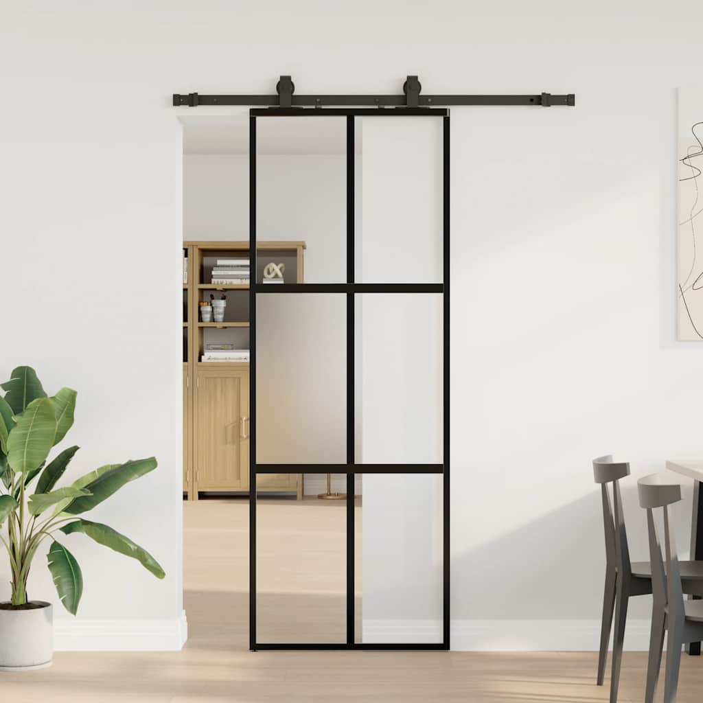 Posuvné Dveře Se Sadou Kování Černé 76X205 Cm Tvrzené Sklo Black, Matt And Transparent