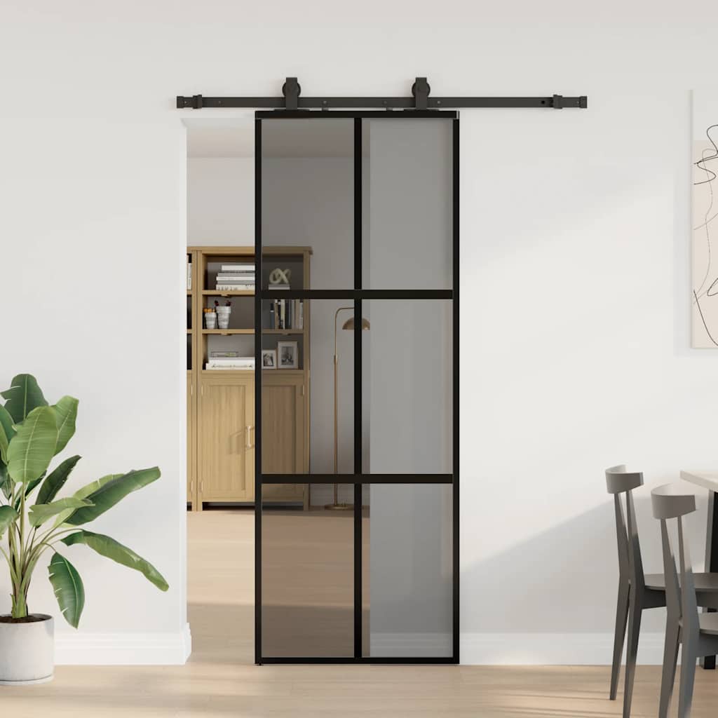 Posuvné Dveře Se Sadou Kování Černé 90X205 Cm Tvrzené Sklo Černá A Tmavě Průhledná