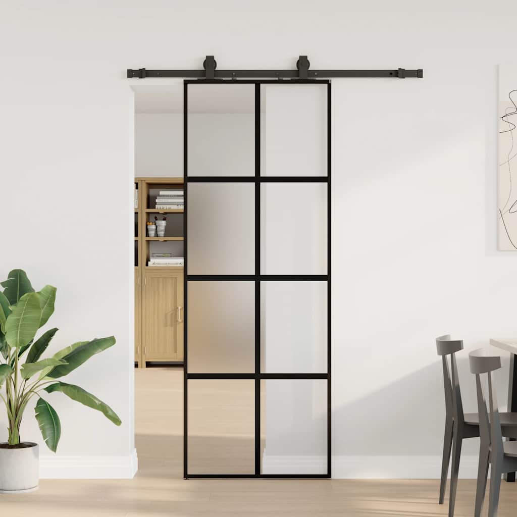 Posuvné Dveře Se Sadou Kování Černé 76X205 Cm Tvrzené Sklo Black, Matt And Transparent