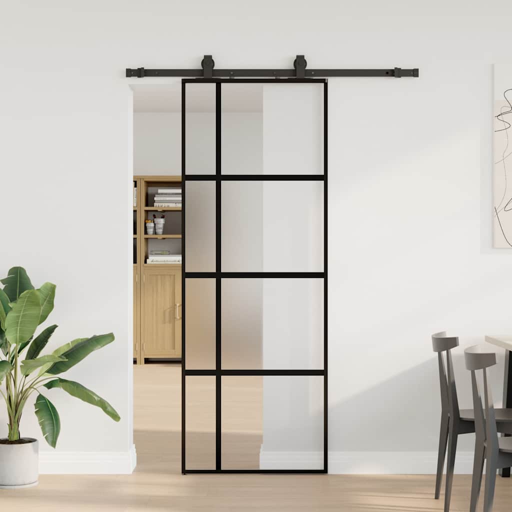 Posuvné Dveře Se Sadou Kování Černé 76X205 Cm Tvrzené Sklo Black, Matt And Transparent