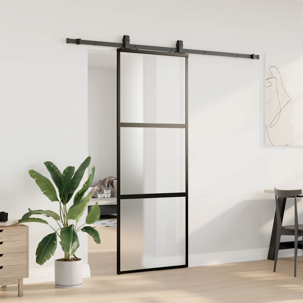Posuvné Dveře Se Sadou Kování Černé 76X205 Cm Tvrzené Sklo Černá A Matná