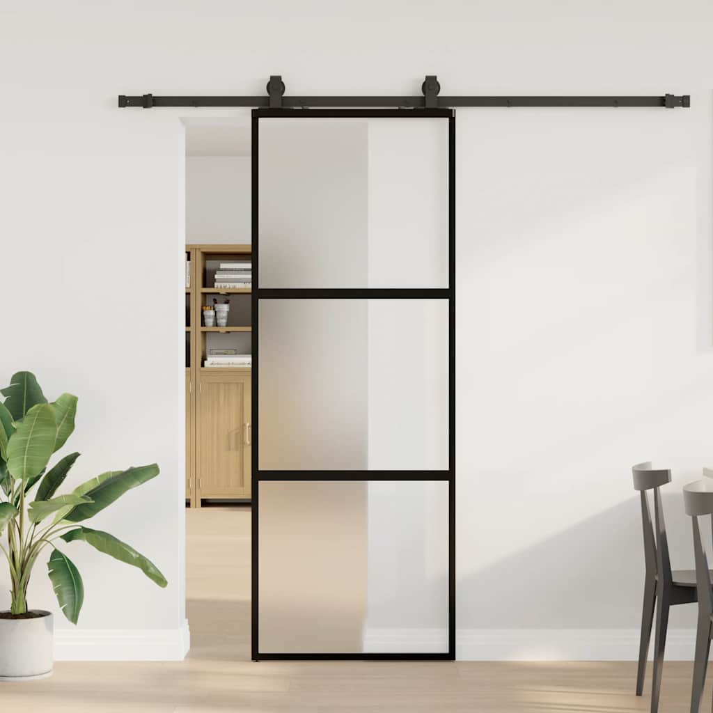 Posuvné Dveře Se Sadou Kování Černé 76X205 Cm Tvrzené Sklo Černá A Matná