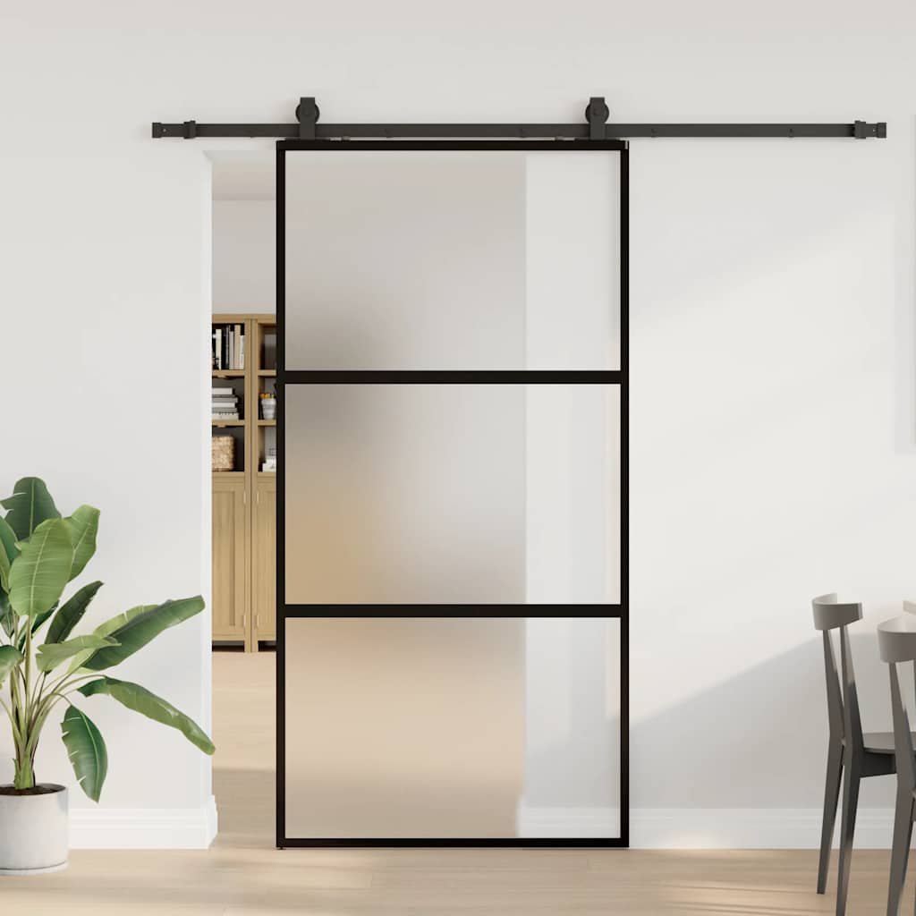 Posuvné Dveře Se Sadou Kování Černé 76X205 Cm Tvrzené Sklo Černá A Matná