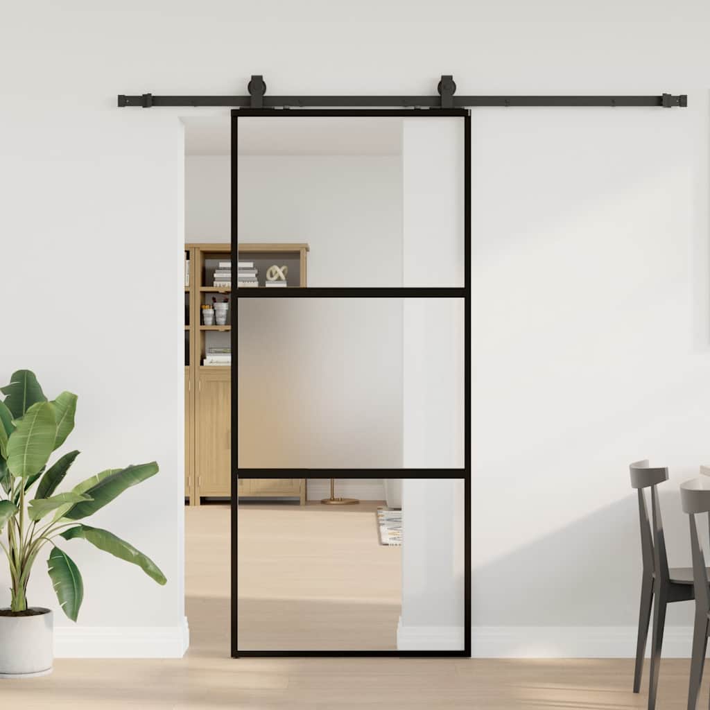 Posuvné Dveře Se Sadou Kování Černé 76X205 Cm Tvrzené Sklo Black, Matt And Transparent