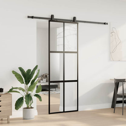Posuvné Dveře Se Sadou Kování Černé 76X205 Cm Tvrzené Sklo Black, Matt And Transparent