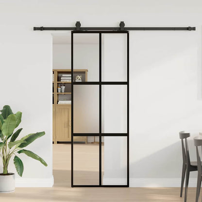 Posuvné Dveře Se Sadou Kování Černé 76X205 Cm Tvrzené Sklo Black, Matt And Transparent