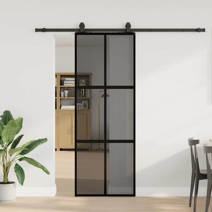 Posuvné Dveře Se Sadou Kování Černé 90X205 Cm Tvrzené Sklo Černá A Tmavě Průhledná
