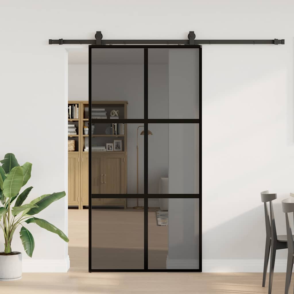 Posuvné Dveře Se Sadou Kování Černé 90X205 Cm Tvrzené Sklo Černá A Tmavě Průhledná