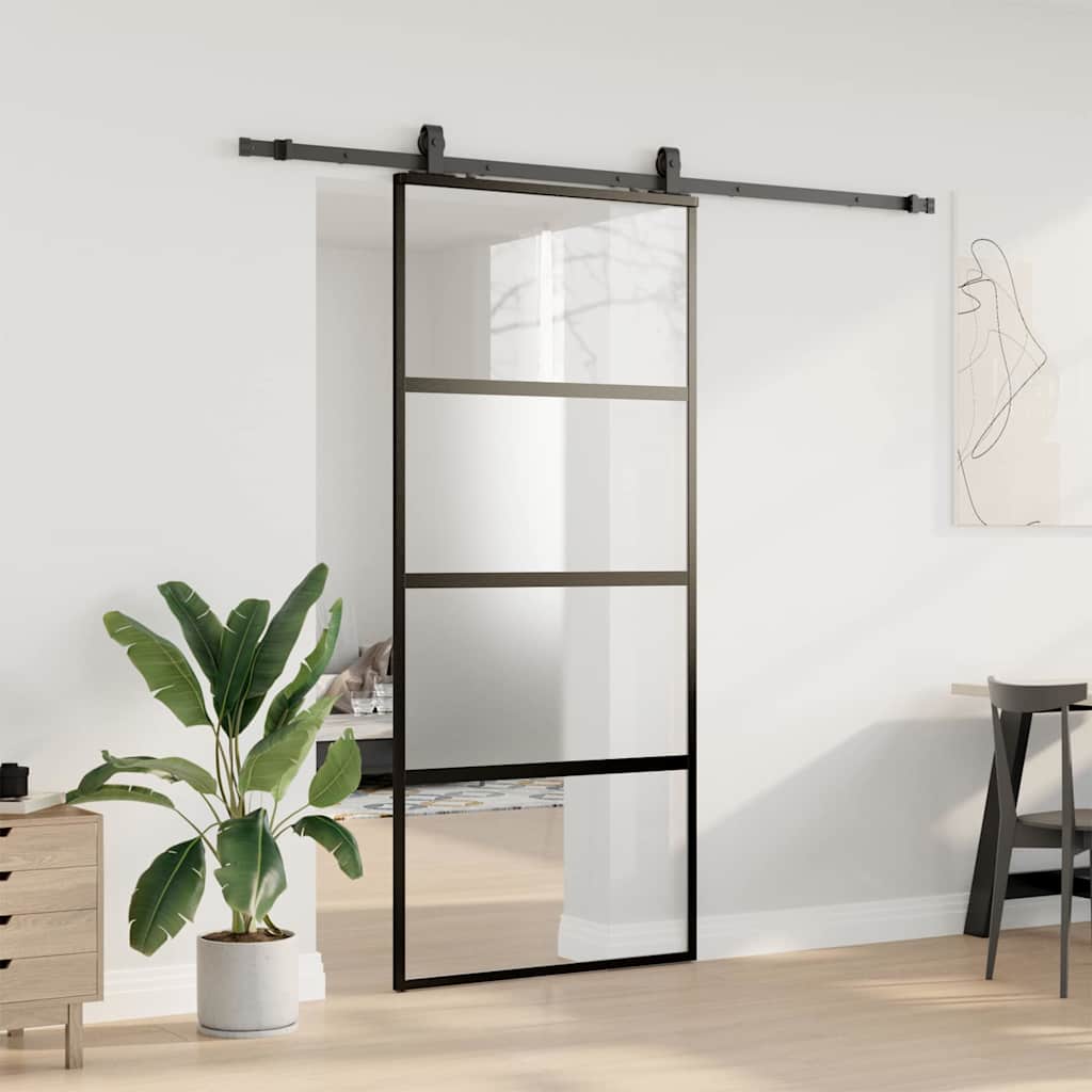 Posuvné Dveře Se Sadou Kování Černé 90X205 Cm Tvrzené Sklo