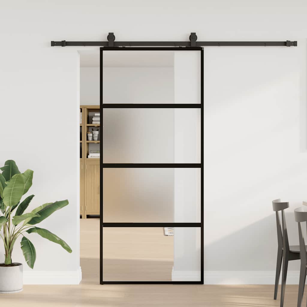 Posuvné Dveře Se Sadou Kování Černé 90X205 Cm Tvrzené Sklo