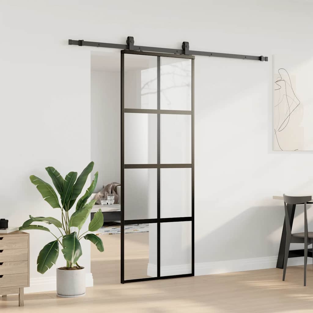 Posuvné Dveře Se Sadou Kování Černé 76X205 Cm Tvrzené Sklo Black, Matt And Transparent