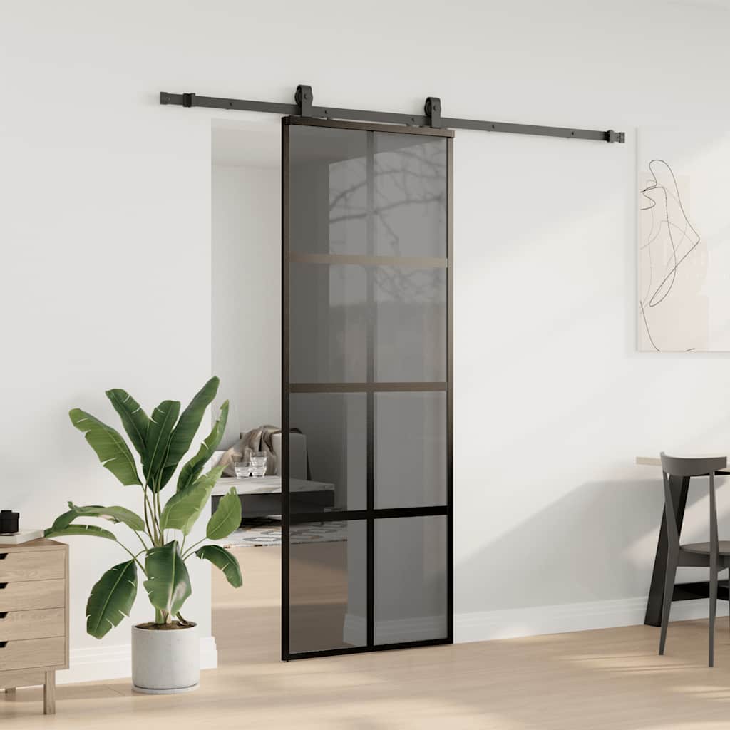 Posuvné Dveře Se Sadou Kování Černé 76X205 Cm Tvrzené Sklo Černá A Tmavě Průhledná