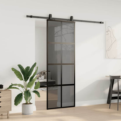 Posuvné Dveře Se Sadou Kování Černé 76X205 Cm Tvrzené Sklo Černá A Tmavě Průhledná
