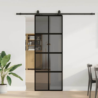 Posuvné Dveře Se Sadou Kování Černé 76X205 Cm Tvrzené Sklo Černá A Tmavě Průhledná