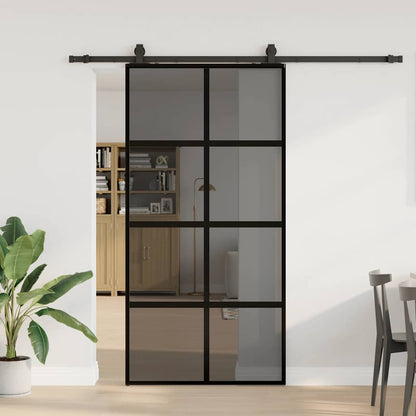 Posuvné Dveře Se Sadou Kování Černé 76X205 Cm Tvrzené Sklo Černá A Tmavě Průhledná
