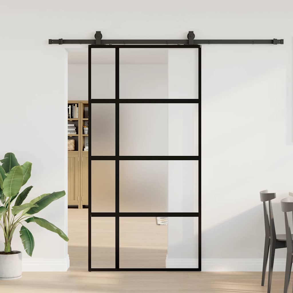 Posuvné Dveře Se Sadou Kování Černé 76X205 Cm Tvrzené Sklo Black, Matt And Transparent
