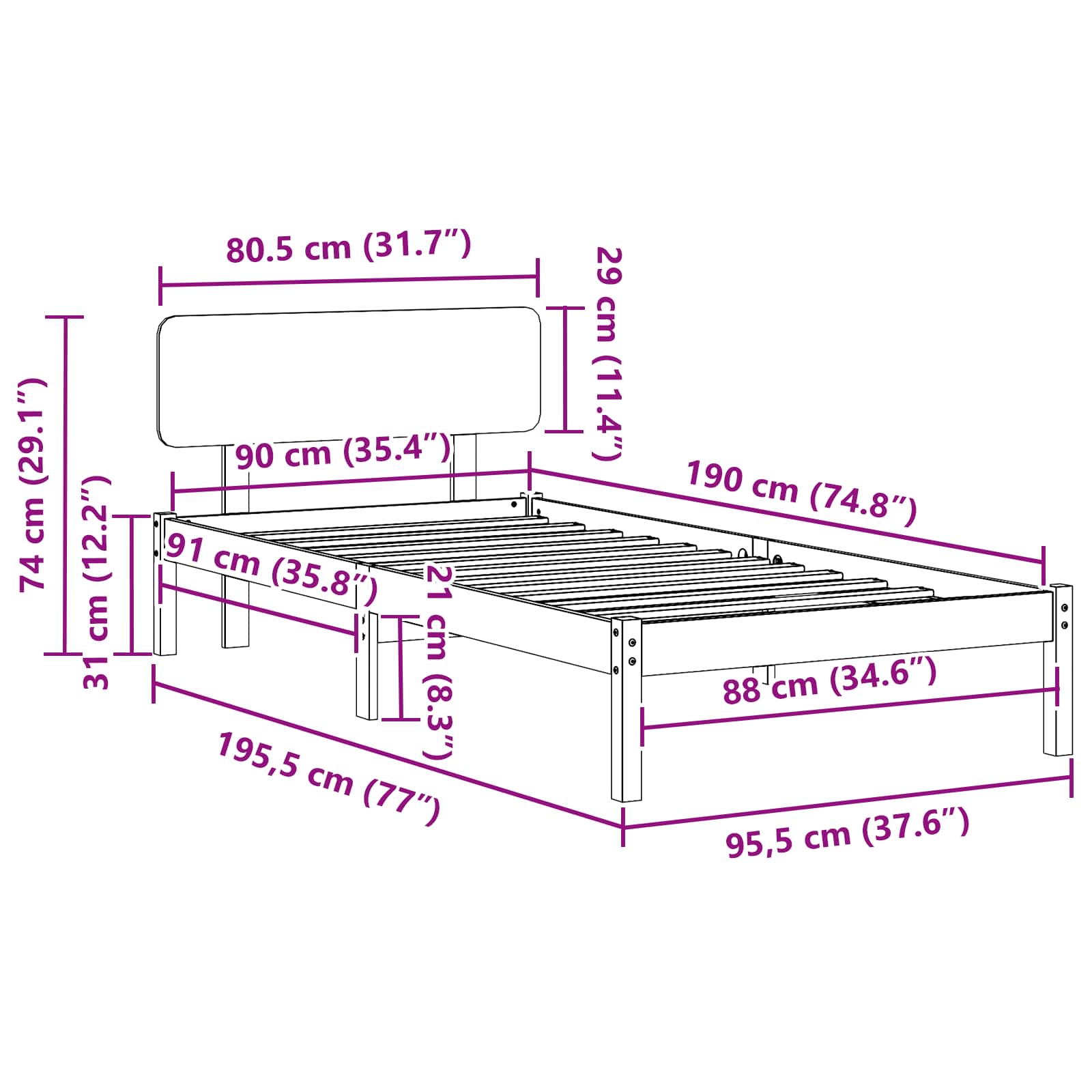 Rám Postele S Čelo Přírodní 90 X 190 Cm Masivní Borové Dřevo