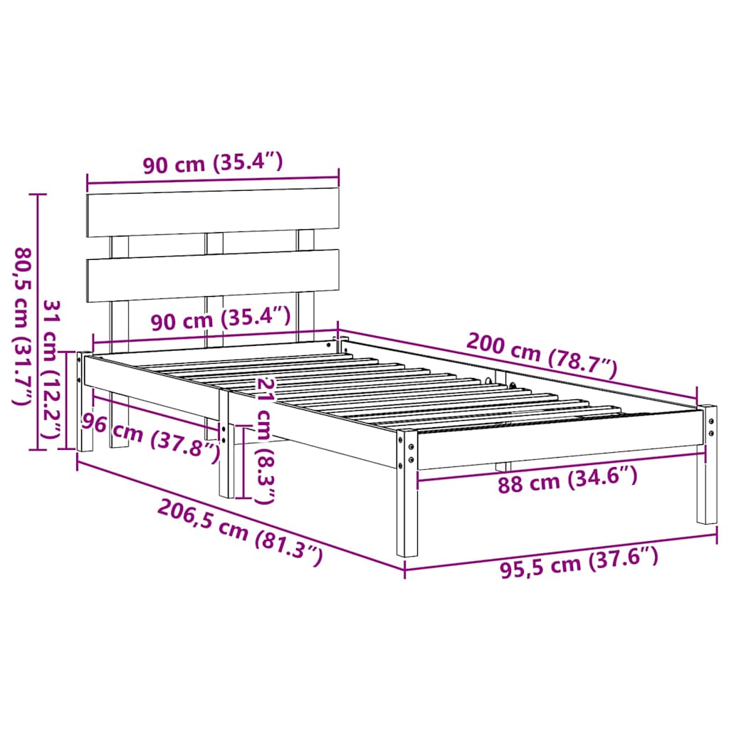 Rám Postele S Čelo Bílá 90 X 200 Cm Masivní Borové Dřevo