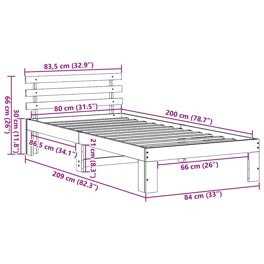 Rám Postele S Čelo Přírodní 80 X 200 Cm Masivní Borové Dřevo