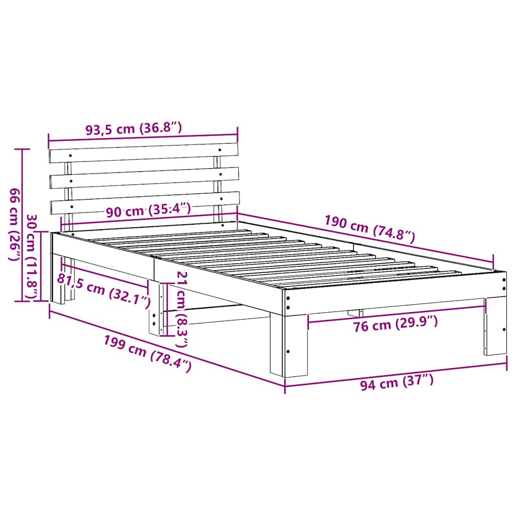 Rám Postele S Čelo Bílá 90 X 190 Cm Masivní Borové Dřevo