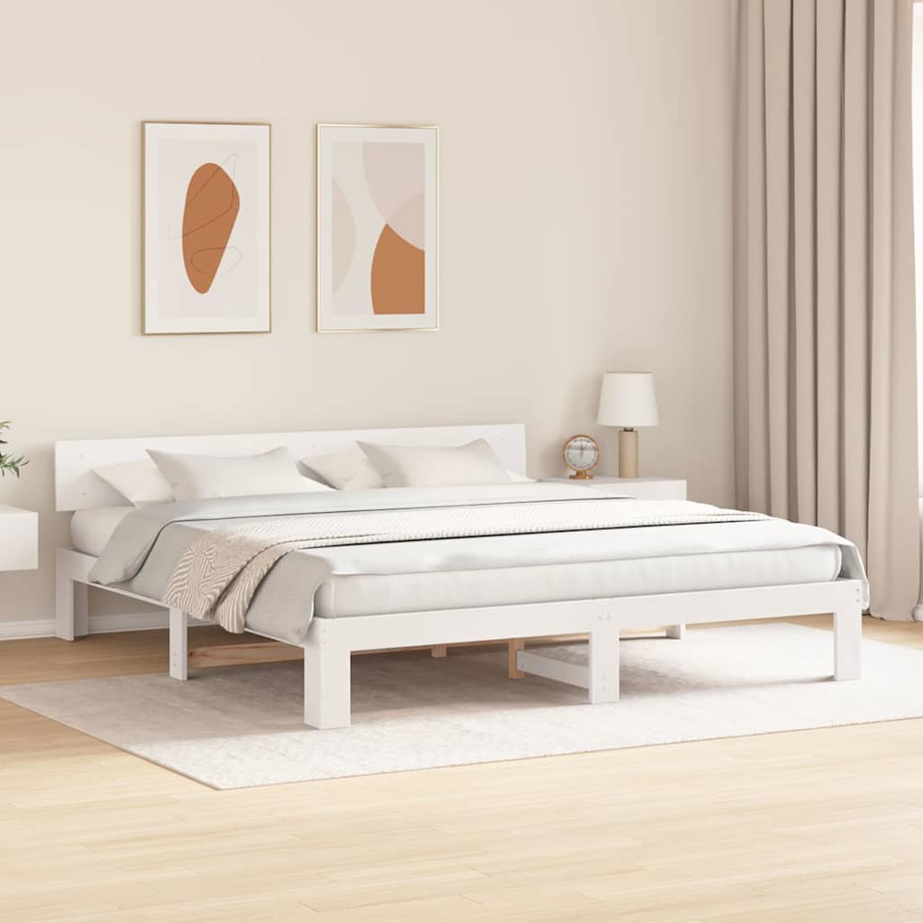 Rám Postele S Čelo Bílá 200 X 200 Cm Masivní Borové Dřevo