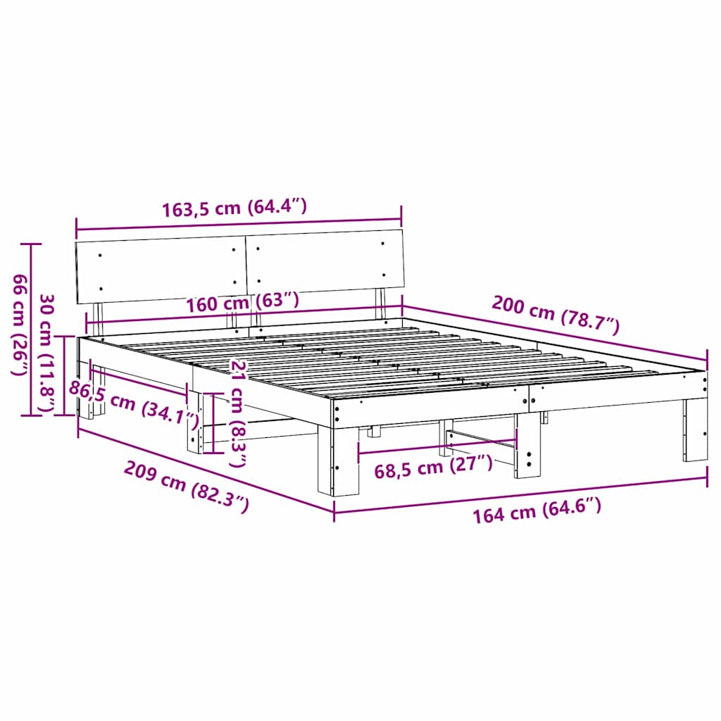 Rám Postele S Čelo Přírodní 160 X 200 Cm Masivní Borové Dřevo