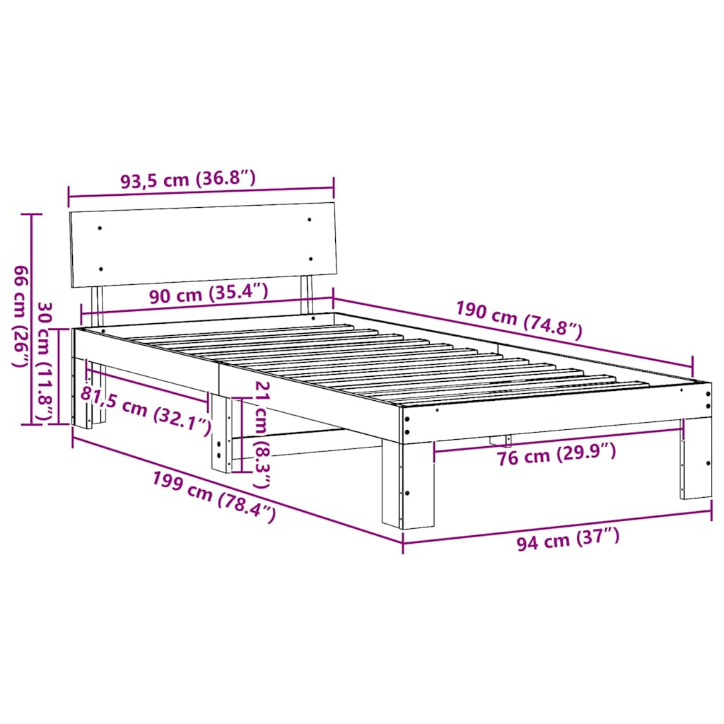 Rám Postele S Čelo Přírodní 90 X 190 Cm Masivní Borové Dřevo