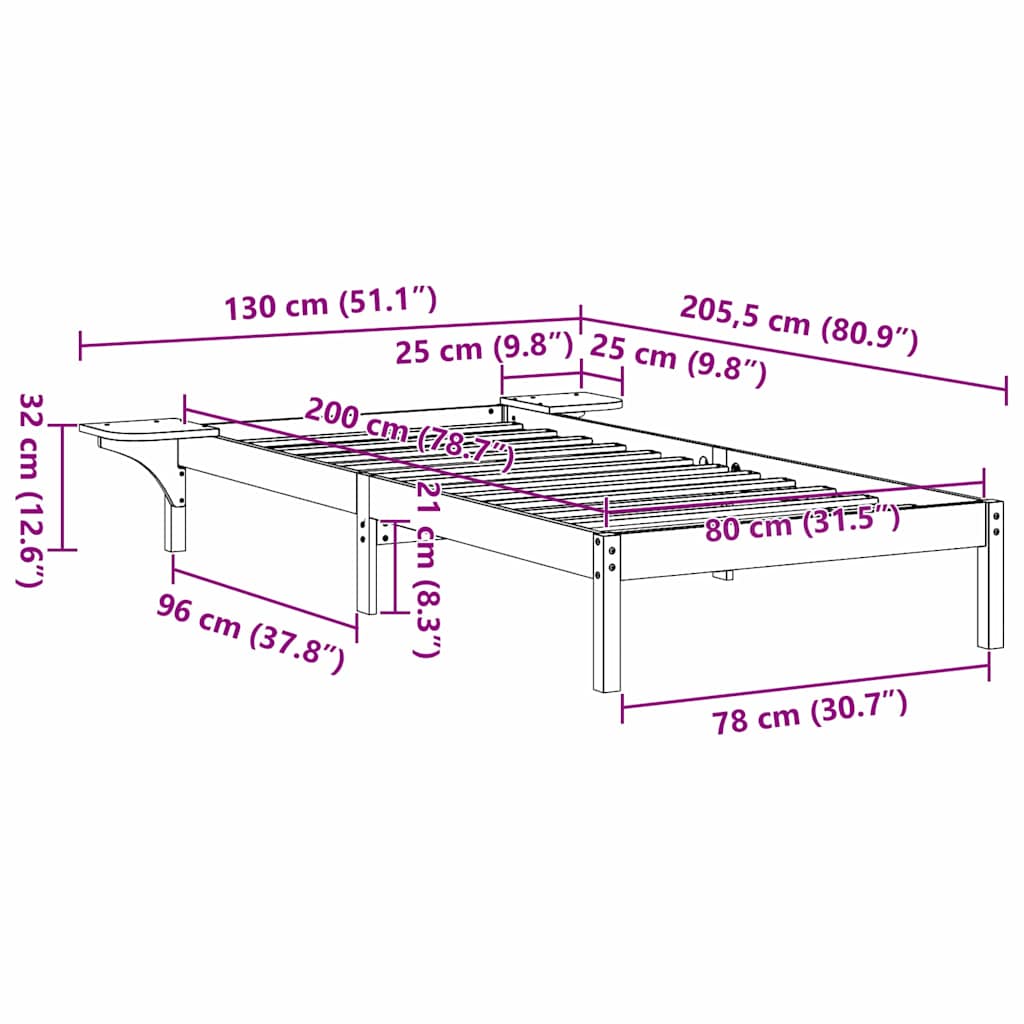 Rám Postele Bílá 80 X 200 Cm Masivní Borové Dřevo