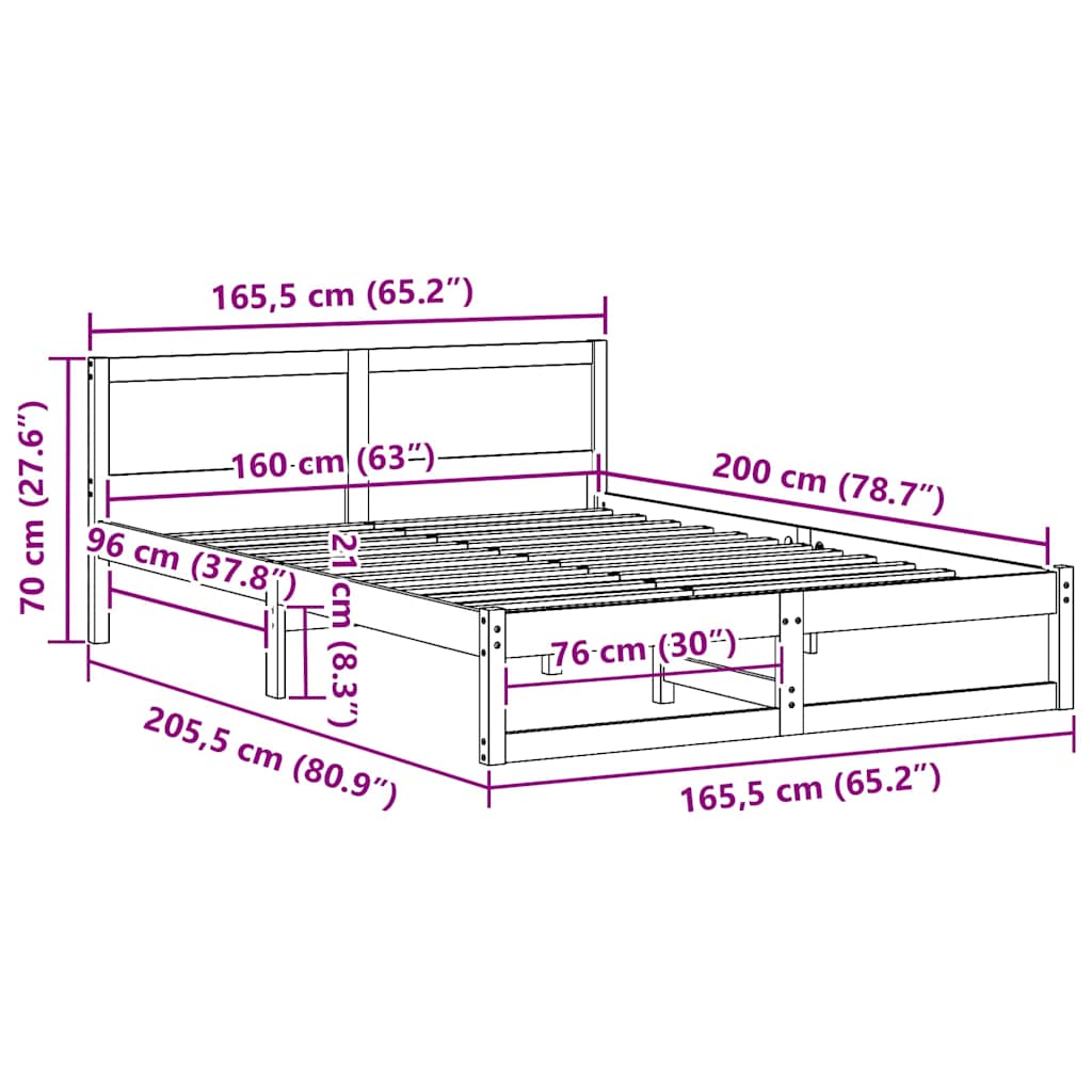 Rám Postele S Čelo Bílá 160 X 200 Cm Masivní Borové Dřevo