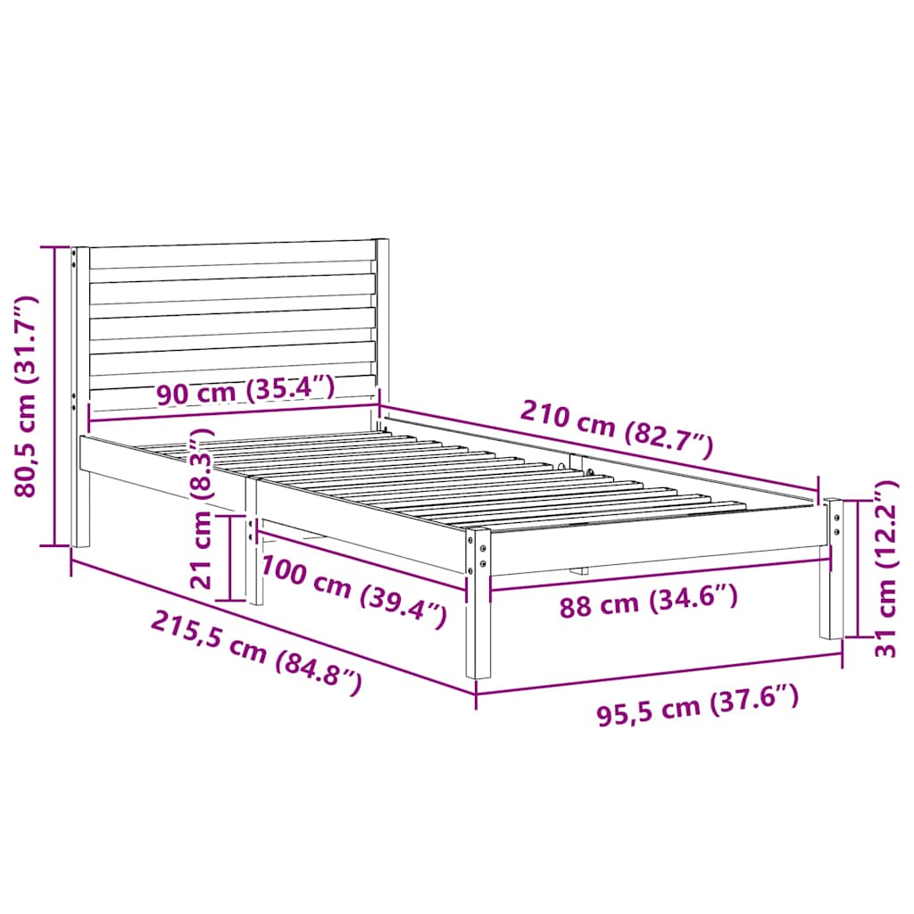 Rám Postele S Čelo Bílá 90 X 210 Cm Masivní Borové Dřevo